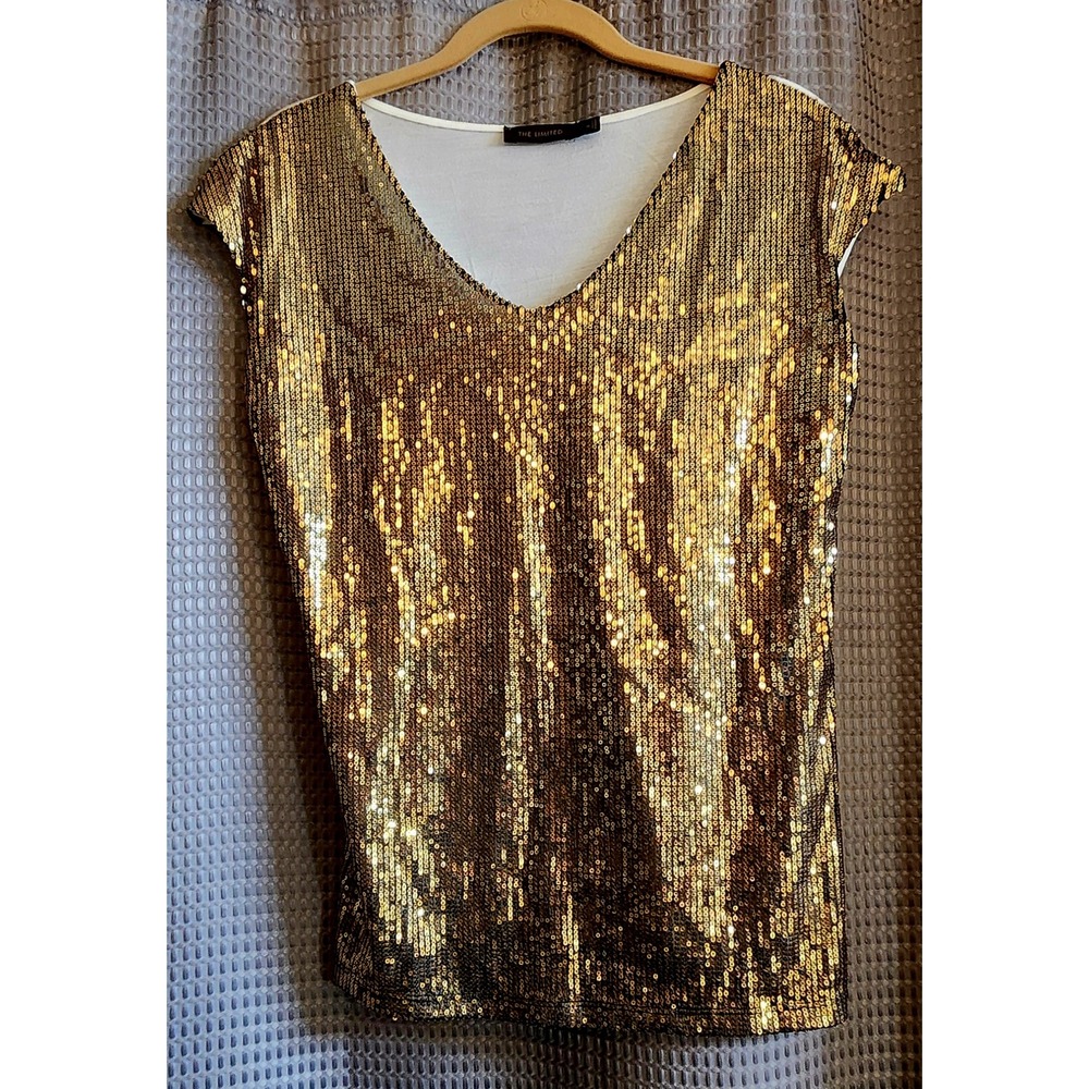The Limited Womens Gold Sequin V-Neck Sleeveless Top White Mixed Media Size -Med